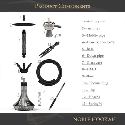 NOBLE HOOKAH ūdenspīpes komplekts ar 4 savienojumiem un ādas apdari, ūdenspīpes galviņa XL, ūdenspīpes galviņa 4, izgatavota no alumīnija caurules, aprīkota ar 4 silikona šļūtenēm un rokturi.