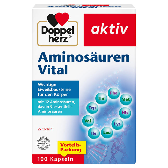 Doppelherz Amino Acids Vital - 12 olbaltumvielu pamatelementi, ieskaitot visas 9 neaizvietojamās aminoskābes, sportistiem un fiziski aktīviem cilvēkiem - 100 kapsulas
