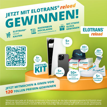 ELOTRANS reload - izotonisks elektrolītu-glikozes maisījums - uztura bagātinātājs ar magniju, kālija hlorīdu, holīnu un B vitamīniem - 1 x 15 paciņas
