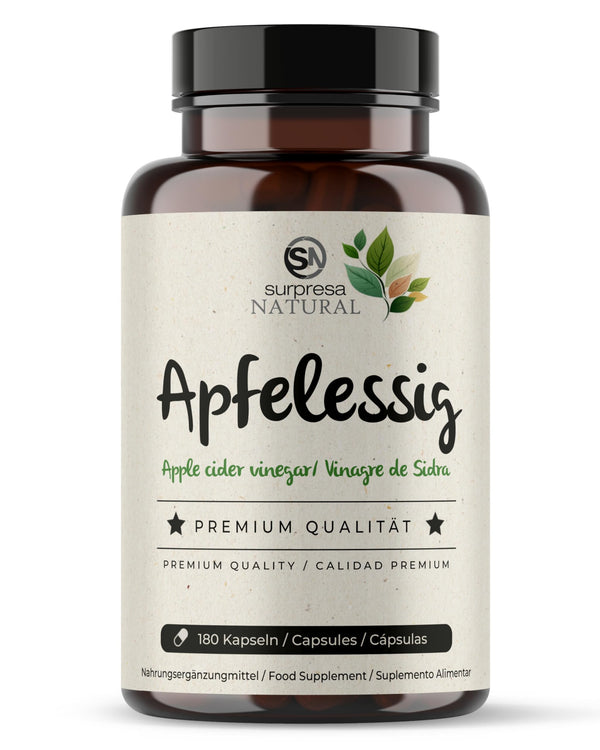 Surpresa dabīgā ābolu sidra etiķa kapsulas ar augstu devu | 1 x 180 kapsulas | 1000 mg ābolu sidra etiķa vienā dienas devā | Ābolu sidra etiķis - uztura bagātinātājs, vegāns un laboratorijā pārbaudīts | Ābolu sidra etiķis