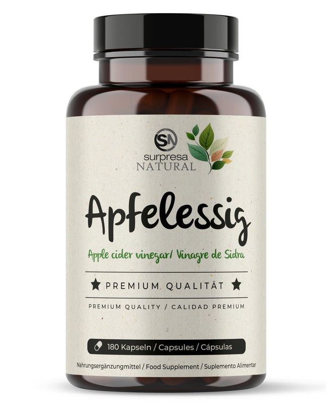 Surpresa dabīgā ābolu sidra etiķa kapsulas ar augstu devu | 1 x 180 kapsulas | 1000 mg ābolu sidra etiķa vienā dienas devā | Ābolu sidra etiķis - uztura bagātinātājs, vegāns un laboratorijā pārbaudīts | Ābolu sidra etiķis
