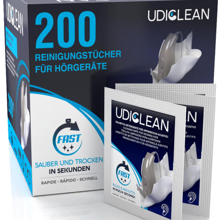 200 individuāli iesaiņotas, iepriekš samitrinātas Udiclean tīrīšanas salvetes dzirdes aparātiem un kohleārajiem implantiem. Ātri žūstošas ​​salvetes noņem taukus, sviedrus un netīrumus.