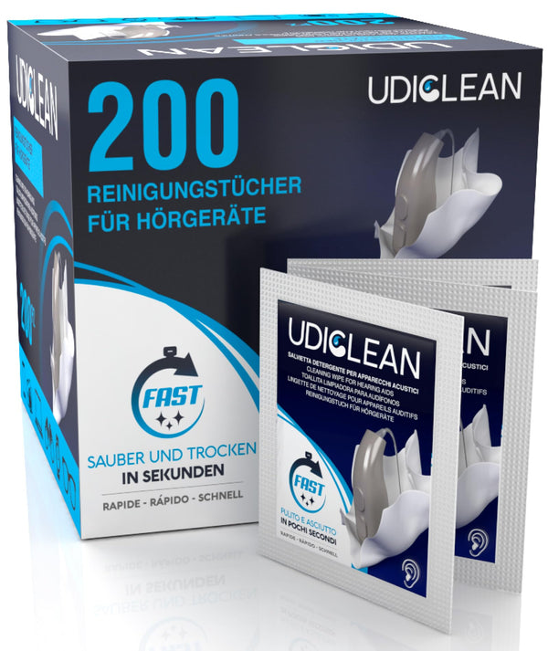 200 individuāli iesaiņotas, iepriekš samitrinātas Udiclean tīrīšanas salvetes dzirdes aparātiem un kohleārajiem implantiem. Ātri žūstošas ​​salvetes noņem taukus, sviedrus un netīrumus.