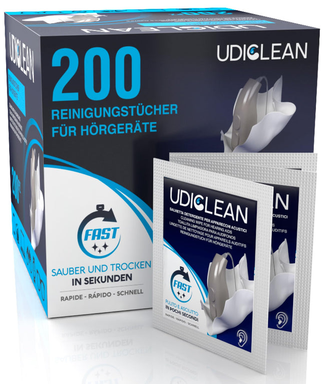 200 individuāli iesaiņotas, iepriekš samitrinātas Udiclean tīrīšanas salvetes dzirdes aparātiem un kohleārajiem implantiem. Ātri žūstošas ​​salvetes noņem taukus, sviedrus un netīrumus.