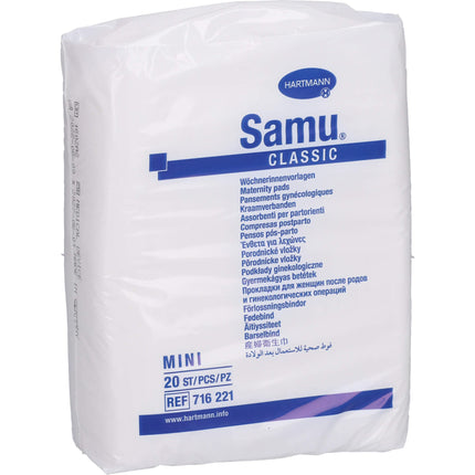 Samu Classic Mini – mīksti pēcdzemdību ieliktnīši uzticamai aizsardzībai pēc dzemdībām, ādai draudzīgi un ātri uzsūcas, bez plēves, 1x20 gabali