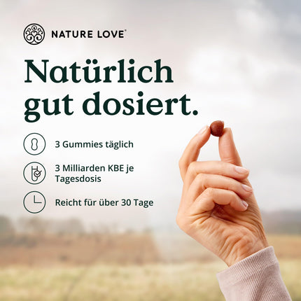NATURE LOVE® Bacillus Subtilis gumijas konfektes - 100 gabaliņi - Gada mikrobs 2023 - no dabīgiem augļu sulu koncentrātiem - 96,5% augļu saturs - 3 miljardi CFU dienā - vegānisks, laboratoriski pārbaudīts