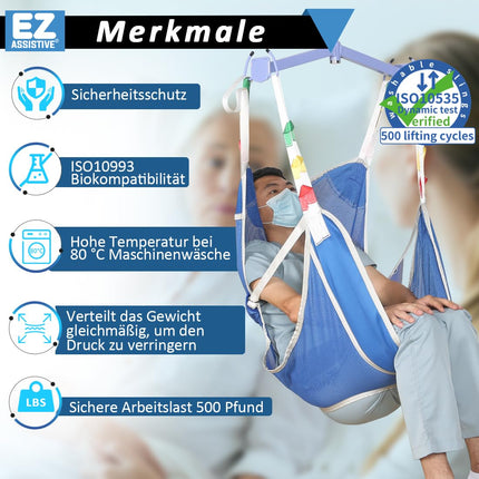 EZ Assistive Hoyer tualetes celšanas siksnas, pacientu celšanas siksnas vecāka gadagājuma cilvēku, bariatrijas slimnieku un cilvēku ar invaliditāti pārvietošanai, celtspēja 500 mārciņas (zila, liela izmēra)