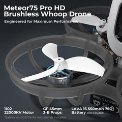 BETAFPV Meteor75 Pro bezkontaktu kvadrokopters ar Matrix 1S ​​​​3IN1 HD FC, 1102 22000KV motoru, 45 mm 3 lāpstiņu propelleriem, kas saderīgs ar O4 gaisa bloku, FPV filmu veidošanas entuziastiem, lidojumiem telpās un ārā - PNP