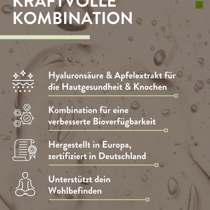 PlusVive hialuronskābes kapsulas ar augstu devu I 1 x 90 kapsulas ar ābolu ekstraktu I 500 mg hialuronskābes ar 500–700 kD vienā kapsulā I Hialuronskābes kapsulas I Uztura bagātinātājs Vegāns un laboratoriski pārbaudīts