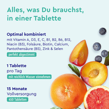 Multivitamīni augstā devā - 450 tabletes - vērtīgas minerālvielas un visi AZ vitamīni - 15 mēnešu krājumi - atbalsta imūnsistēmu* - laboratoriski pārbaudīts, ražots Vācijā bez piedevām