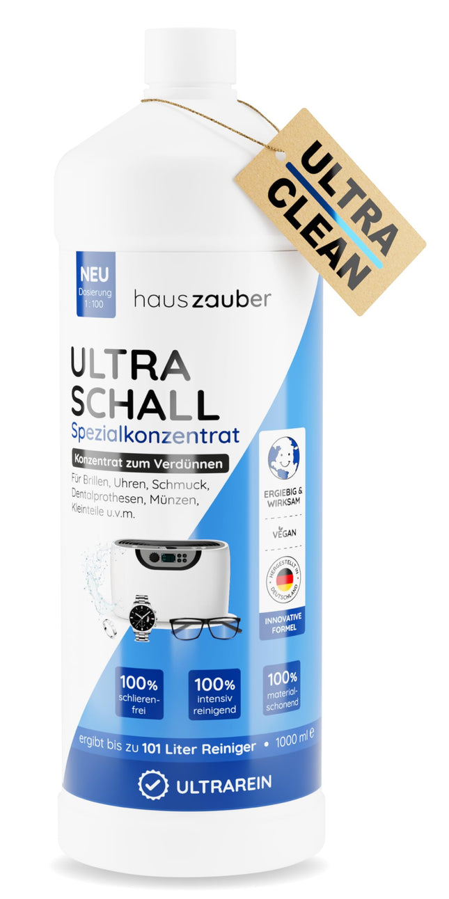 hauszauber® - Ultraskaņas tīrīšanas koncentrāts [ĪPAŠI EKONOMISKS] 1000 ml - Tīra brilles, rotaslietas, zobu protēzes, monētas, sīkas detaļas utt. - Ultraskaņas ierīcēm un ultraskaņas vannām