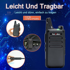 MaxTalker MT1 uzlādējama rācija pieaugušajiem un bērniem, VOX rācija ar 1200mAh litija jonu akumulatoru, USB lādētāju un austiņām. Rācijas lietošanai ārpus telpām, kempingam, pārgājieniem, 4 gabalu komplekts.