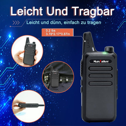 MaxTalker MT1 uzlādējama rācija pieaugušajiem un bērniem, VOX rācija ar 1200mAh litija jonu akumulatoru, USB lādētāju un austiņām. Rācijas lietošanai ārpus telpām, kempingam, pārgājieniem, 4 gabalu komplekts.