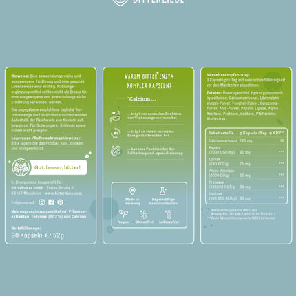 BitterLiebe Bitter Enzyme* kompleksa kapsulas ar 5 gremošanas enzīmiem - pret vēdera uzpūšanos - ar papaīnu, laktāzi, alfa-amilāzi, lipāzi un proteāzi - mēneša iepakojums