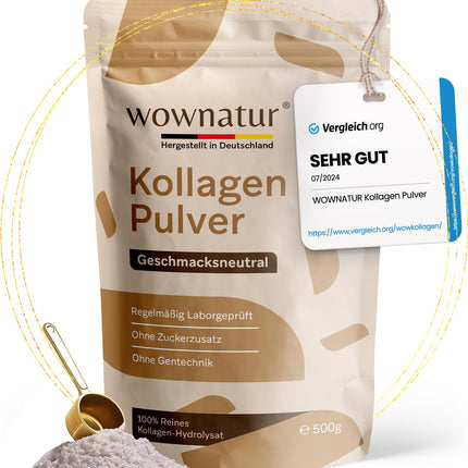 WOWNATUR® kolagēna pulveris 500 g - ideāla šķīdība - augstākās kvalitātes halāla kolagēna hidrolizāts - 1., 2. un 3. tipa peptīdi - oriģināls - (50 porcijas)