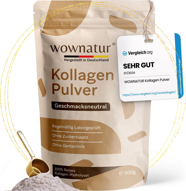 WOWNATUR® kolagēna pulveris 500 g - ideāla šķīdība - augstākās kvalitātes halāla kolagēna hidrolizāts - 1., 2. un 3. tipa peptīdi - oriģināls - (50 porcijas)