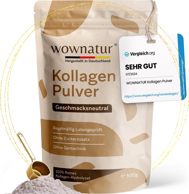 WOWNATUR® kolagēna pulveris 500 g - ideāla šķīdība - augstākās kvalitātes halāla kolagēna hidrolizāts - 1., 2. un 3. tipa peptīdi - oriģināls - (50 porcijas)