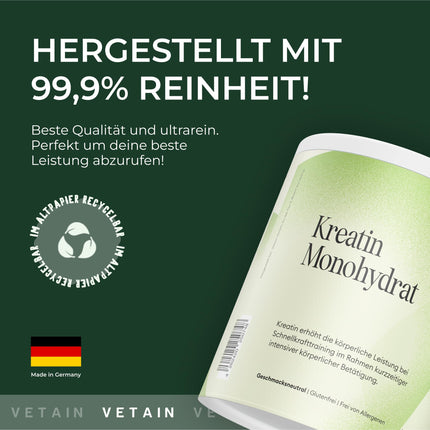 Vetain kreatīna monohidrāta pulveris 250g - 50 porcijas tīra kreatīna - 100% vegāns - Bez piedevām - lielas kreatīna pulveris lielākai enerģijai - Bez garšas - Laboratorijā pārbaudīts Vācijā