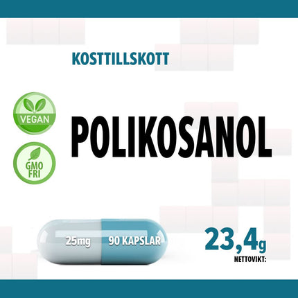 Policosanol 25mg 90 vegāniskas kapsulas, laboratoriski pārbaudītas, bez ĢMO, bez pildvielām vai piedevām