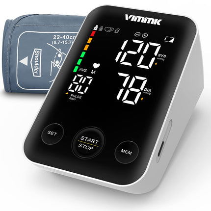 Vimmk asinsspiediena mērītājs augšdelmam, digitālais asinsspiediena mērītājs ar LED displeju, aritmijas noteikšana un pulsa mērīšana, 2x120 atmiņa, aproce 22-40cm