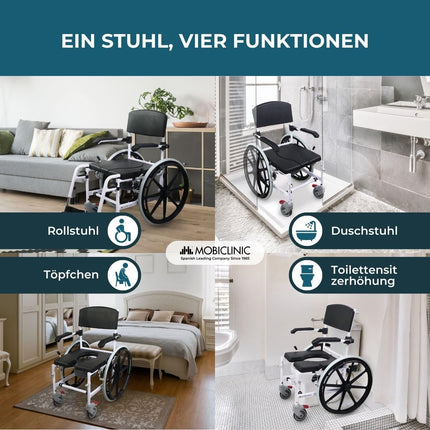 Mobiclinic®, tualetes ratiņkrēsls, regulējams augstums, pašgājējs, Calígula, saliekams kāju balsts un roku balsti, ar noņemamu bļodu, riteņu bremze, alumīnijs