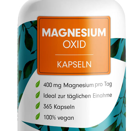 Magnija kapsulas 365x (1 gads) - 668 mg magnija oksīda, no kuriem 400 mg elementārā magnija vienā kapsulā - ļoti augsts magnija saturs (60%) - optimāli augsta deva - laboratoriski pārbaudīts ar sertifikātu - 100% vegāns
