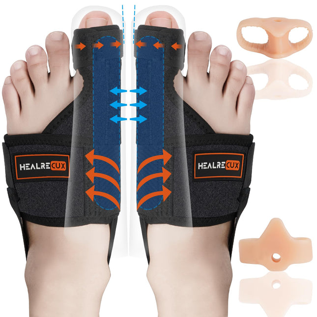 Healrecux 2x Hallux valgus korekcijas šina ar 2x pirkstu izpletējiem pirkstu taisnošanai dienā un naktī, Hallux valgus pārsējs vīriešiem un sievietēm, lielā pirksta aizsardzība