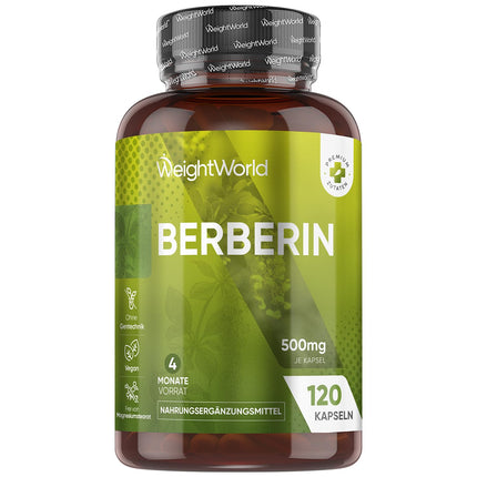 Berberīns 500 mg — 4 mēnešu krājumi — 120 vegānas berberīna kapsulas — 1 kapsula dienā — bez magnija stearāta — By WeightWorld