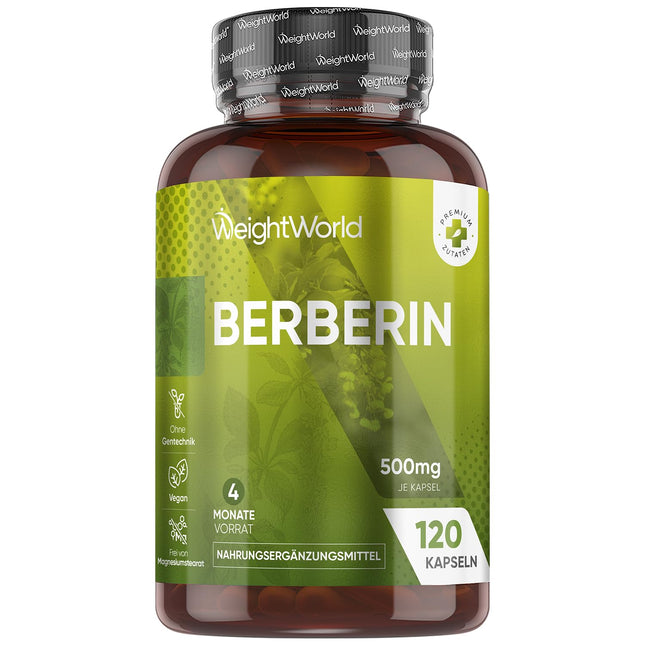 Berberīns 500 mg — 4 mēnešu krājumi — 120 vegānas berberīna kapsulas — 1 kapsula dienā — bez magnija stearāta — By WeightWorld