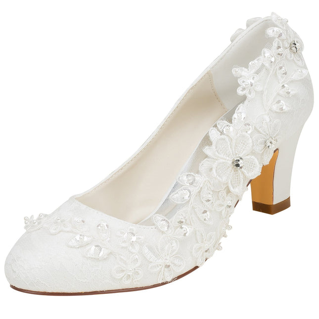 Emily Bridal kāzu kurpes sievietēm, zīdaina satīna augstpapēžu kurpes ar mežģīņu un ziedu kristāla pērļu šuvēm, ziloņkaula krāsā, 40 EU (7 UK)