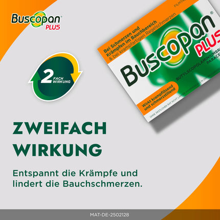 Buscopan PLUS tabletes ar paracetamolu vēdera sāpēm | 2x20 gab. |Ātri mazina stipras sāpes vēderā un krampjus |Kuņģa-zarnu trakta darbības traucējumi, menstruāciju sāpes, vēdera krampji un cistīts