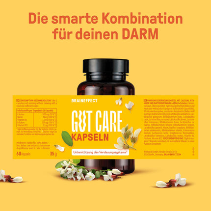 BRAINEFFECT Gut Care - Ar 20 miljardiem Bifidobacterium un Lactobacillus baktēriju kultūru, kalciju, B6 un B12 vitamīnu - 60 kapsulas