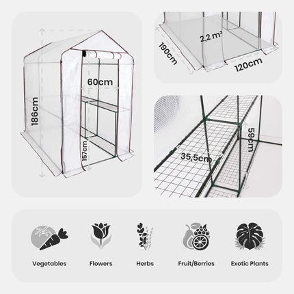 Arebos Premium plēves siltumnīca ar 2 līmeņiem - 120 x 186 x 190 cm siltumnīca ar plauktiem - vietu taupoša, augstas kvalitātes siltumnīca dārziem un balkoniem, stabila un viegli saliekama