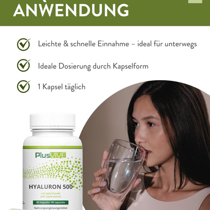 PlusVive hialuronskābes kapsulas ar augstu devu I 1 x 90 kapsulas ar ābolu ekstraktu I 500 mg hialuronskābes ar 500–700 kD vienā kapsulā I Hialuronskābes kapsulas I Uztura bagātinātājs Vegāns un laboratoriski pārbaudīts