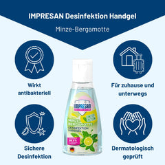 IMPRESAN dezinfekcijas roku gels ar piparmētru un bergamotes aromātu, ierobežotas izlaiduma | Roku dezinfekcijas līdzeklis praktiskā ceļojumu izmērā | 55 ml