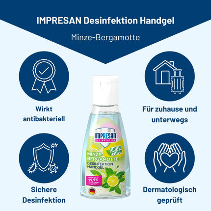 IMPRESAN dezinfekcijas roku gels ar piparmētru un bergamotes aromātu, ierobežotas izlaiduma | Roku dezinfekcijas līdzeklis praktiskā ceļojumu izmērā | 55 ml