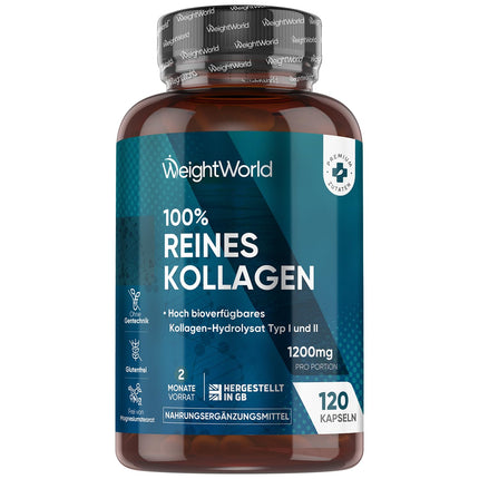 Kolagēna kapsulas - 1200 mg tīra jūras kolagēna I un III tipa - hidrolizēti zivju kolagēna peptīdi - 120 kapsulas 2 mēnešu krājumam - alternatīva pulverim - WeightWorld
