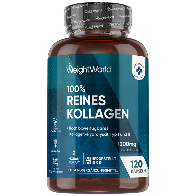 Kolagēna kapsulas - 1200 mg tīra jūras kolagēna I un III tipa - hidrolizēti zivju kolagēna peptīdi - 120 kapsulas 2 mēnešu krājumam - alternatīva pulverim - WeightWorld