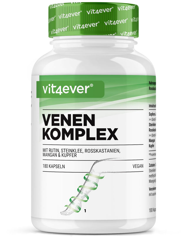 Vēnu komplekss - 180 kapsulas - 3 mēnešu krājumi - augsta deva ar rutīnu, saldo āboliņu, zirgkastaņas ekstraktu, mangānu, varu - augstākās kvalitātes ekstrakti - vegāns
