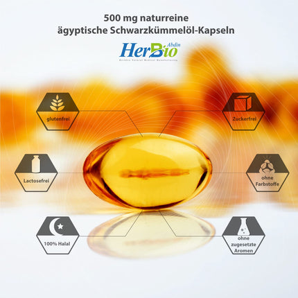 HerbBio Ēģiptes melno ķimeņu eļļas kapsulas 500 mg 420 mīkstās želatīna kapsulas - tostarp 57% linolskābes - augstākās kvalitātes auksti spiestas - 100% liellopu želatīns Halal sertificēts - laboratorijā pārbaudīts - melno ķimeņu eļļas kapsulas