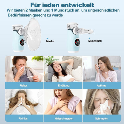 Swetfela inhalators pieaugušajiem un bērniem ar LED ekrānu, pašattīrīšanās režīmu, 3 laika ziņā regulējamiem izsmidzināšanas režīmiem, ar 2 maskām un iemutni, pārnēsājams USB uzlādējams inhalators