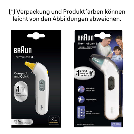 Braun ThermoScan 3 ausu termometrs | Ātrs 1 sekundes mērījums | Akustiskais drudža indikators | Digitālais displejs | Piemērots mazuļiem un maziem bērniem | Ārstu vidū Nr. 1 zīmols(1) | IRT3030