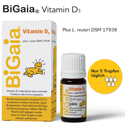 BiGaia Drops Plus D3 vitamīns, 10 ml, ar dabīgu pienskābes baktēriju L. reuteri zarnu mikrofloras atbalstam, zīdaiņiem no dzimšanas