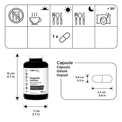 Propoliss 2000 mg. 180 vegāniskas kapsulas 6 mēnešu kursam. Propolisa ekstrakti ar 10% galangīna, ehinācijas ar 4% polifenolu un eikalipta ekstrakti. Ražotājs: HIVITAL