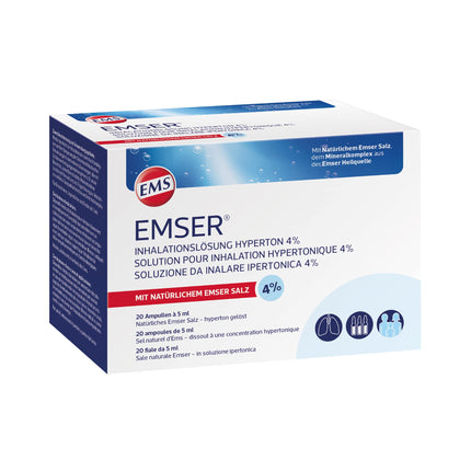 EMSER inhalācijas šķīdums hipertonisks 4%: šķīdums ar dabīgo Emser sāli inhalācijām ar nebulizatoriem, piem. bronhīta gadījumā 20 lietošanai gatavas ampulas pa 5 ml katrā