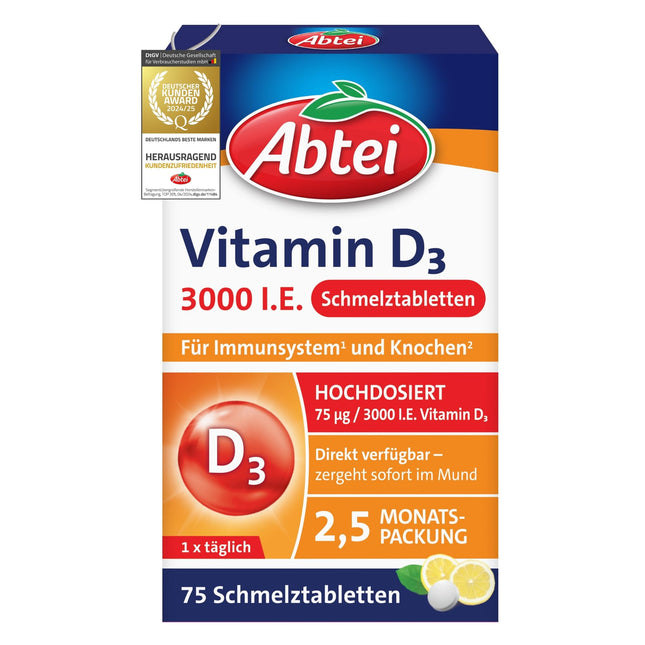 Abtei D3 vitamīns 3000 SV - atbalsta imūnsistēmu un kaulus - bez glutēna, bez laktozes un veģetārs - 75 kūstošas ​​tabletes ar citrona garšu