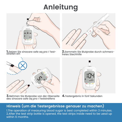 sinocare asins glikozes mērītāja komplekts, uzlabots glikozes mērītājs ar testa strēmelītēm 50, piemērots iesācējiem un vecāka gadagājuma cilvēkiem (Safe AQ pro I asins glikozes mērītāja komplekts 50)