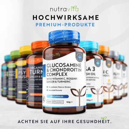 Glikozamīna un hondroitīna augsta deva ar C vitamīnu un kurkumu – 2880 mg komplekss – 180 tabletes – veicina normālu imūnsistēmas darbību – Ražotājs Nutravita