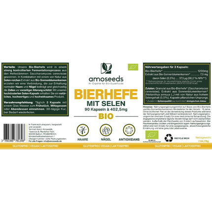 BIOLOĢISKAIS alus raugs | Mati un nagi | Dzīvais raugs, 1200 mg/dienā, bez glutēna | Bagātināts ar selēnu | 90 vegānas kapsulas | Augstākā kvalitāte