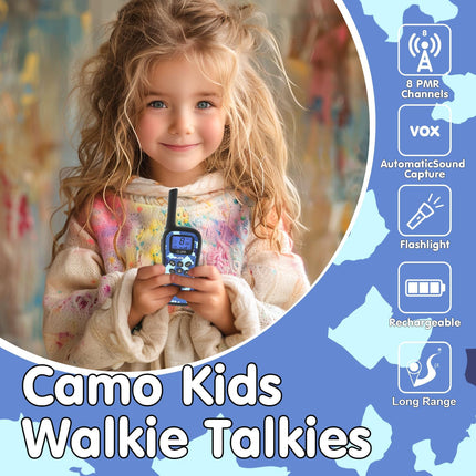 QUOLIX WalkieTalkie Kids, uzlādējama rācija ar 24 stundu sarunu laiku, 3 km diapazonu, 8 kanāli un 99 kodi, LED lukturītis, maskēšanās dizaina rācijas āra aktivitātēm, kempingam, pārgājieniem (4 krāsas)